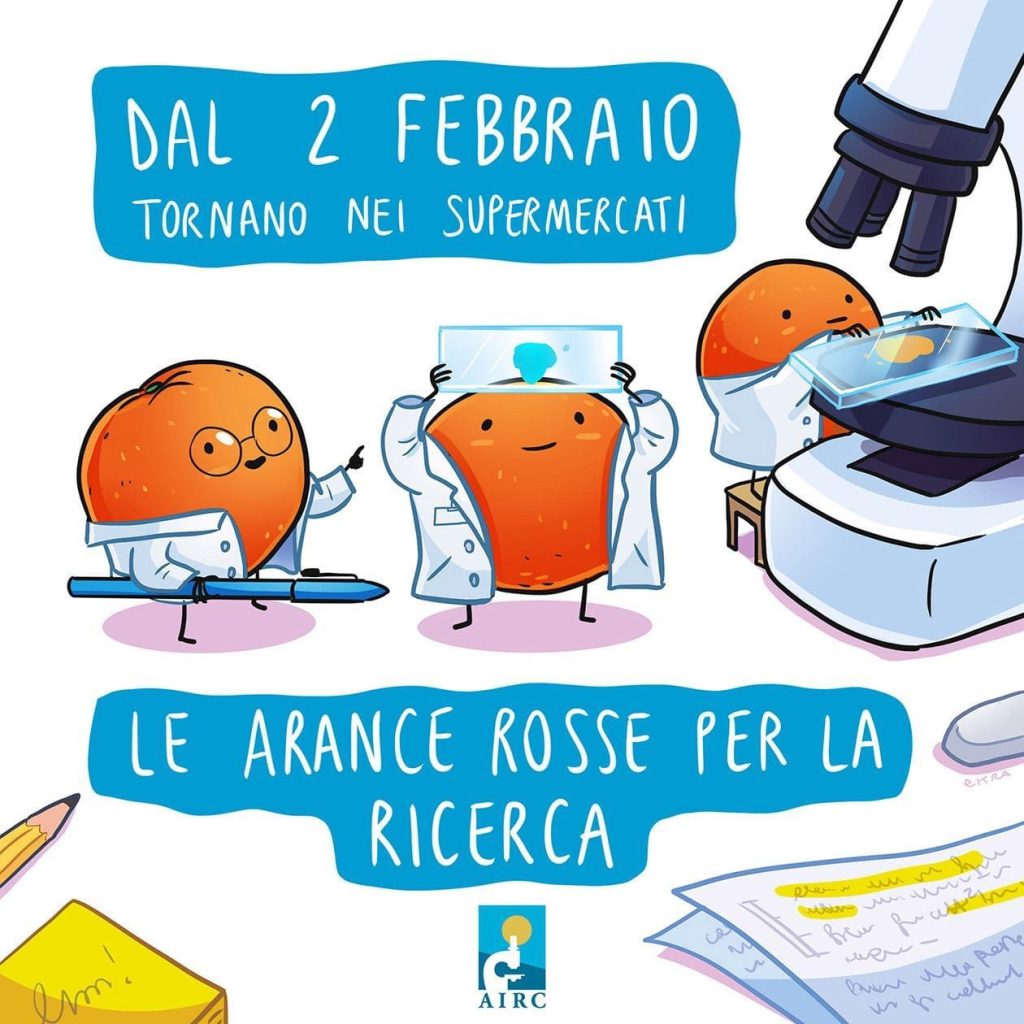 Vignetta raffigurante le arance rosse per la ricerca in veste di scienziati